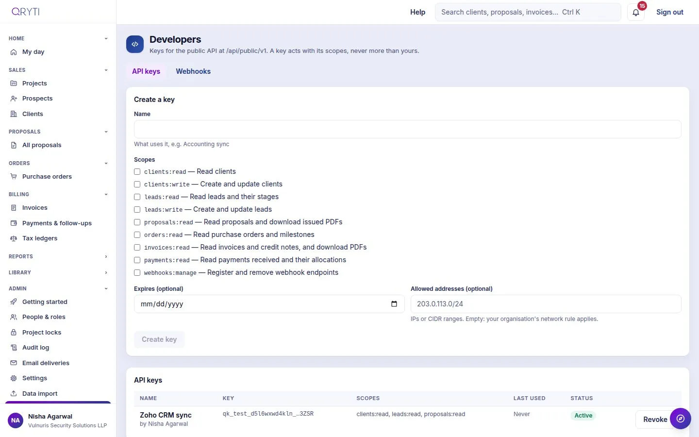 API keys and webhooks in the developer settings